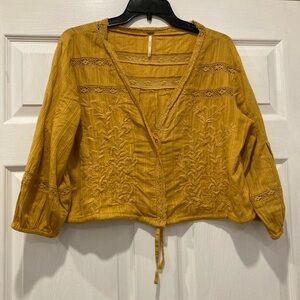 Free People Mustard Embroidered Top